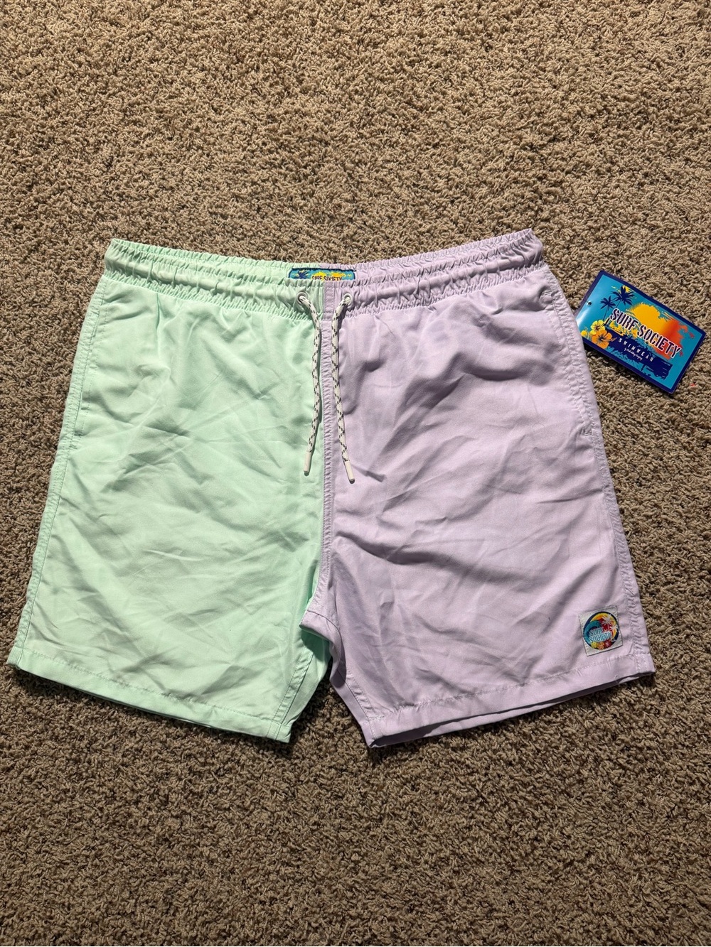 Surf Society Men’s Swim Trunks Colorblock Pastel Mint Green & Lavender XL
